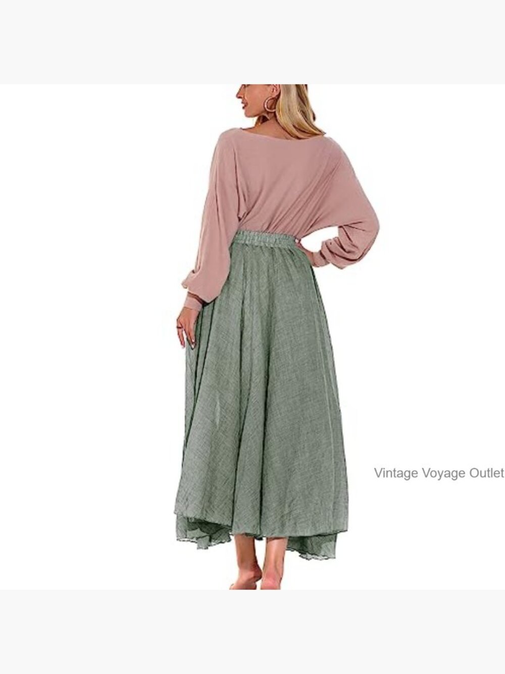 Bohemian Maxi Skirt Dress Elastic Waist Cotton Linen Floor Length - Picture 6 of 7